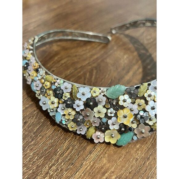 Exquisite 925 Silver Floral Stones Open Collar Necklace - Picture 4 of 9